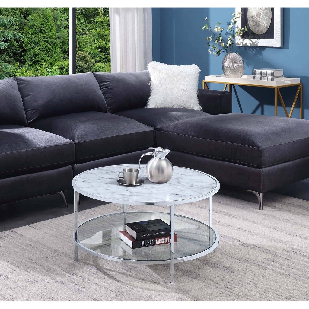 Round Coffee Table White Faux Marble Chrome L715423