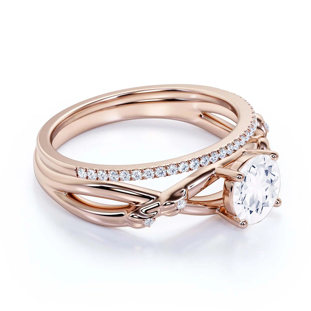 10k Solid Rose Gold Diamond Moissanite Engagement Ring with Matching Band V28585