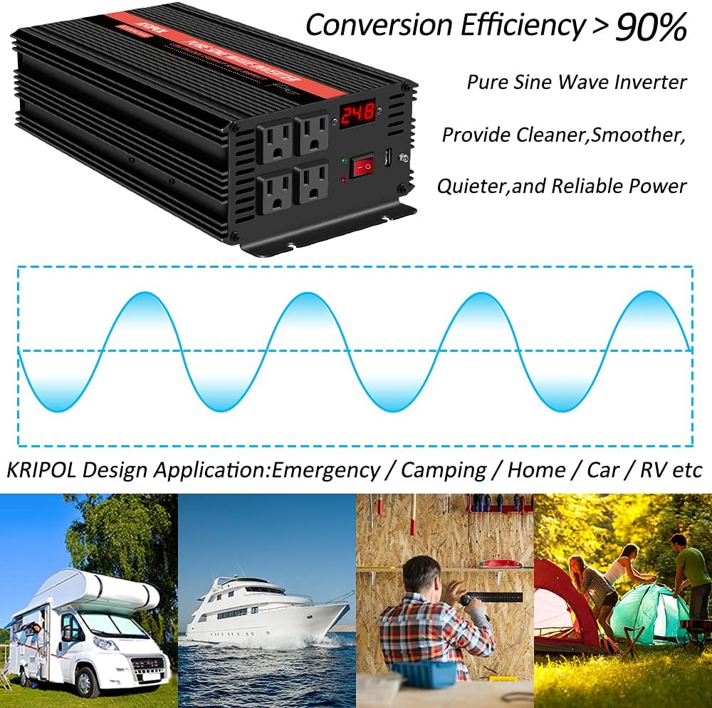 3000 Watt Pure Sine Wave Power Inverter 12V DC to 110V AC with 4 AC Outlets V687762