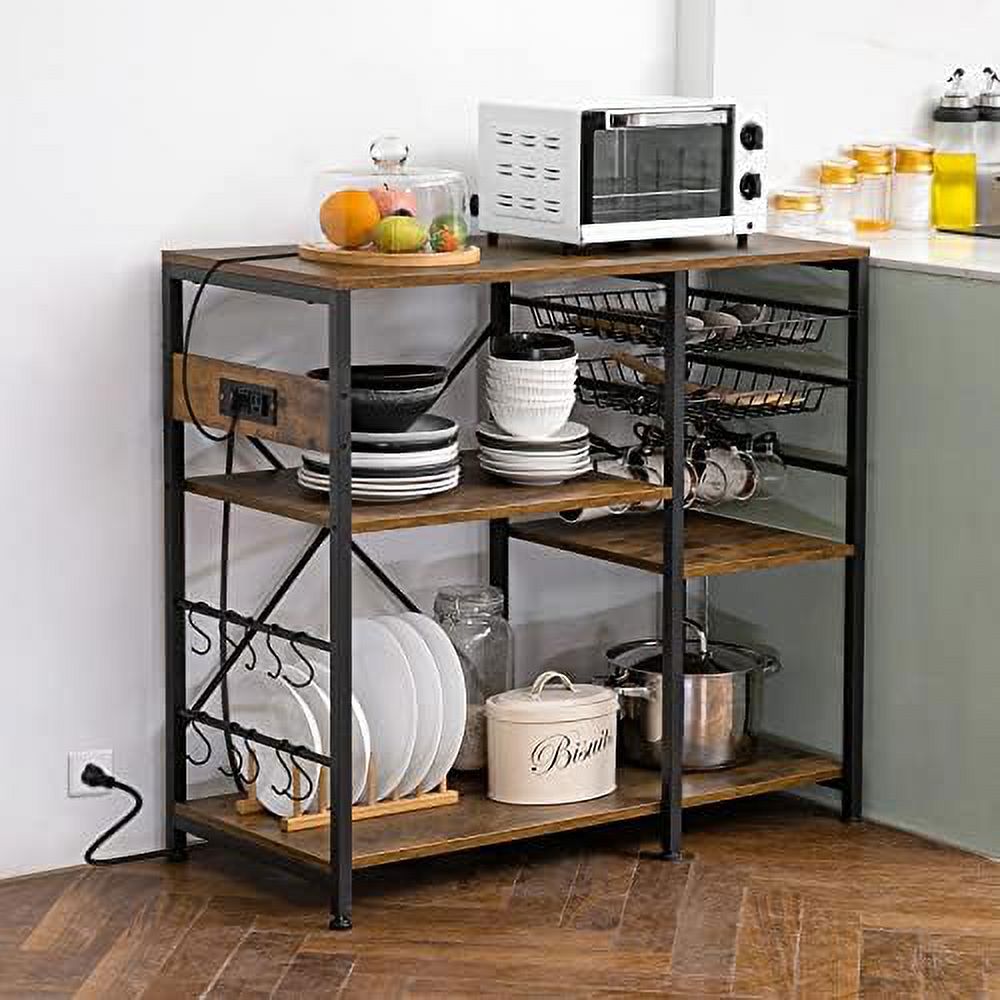 Rustic Brown Metal Frame Bakers Rack with Wire Basket X4412