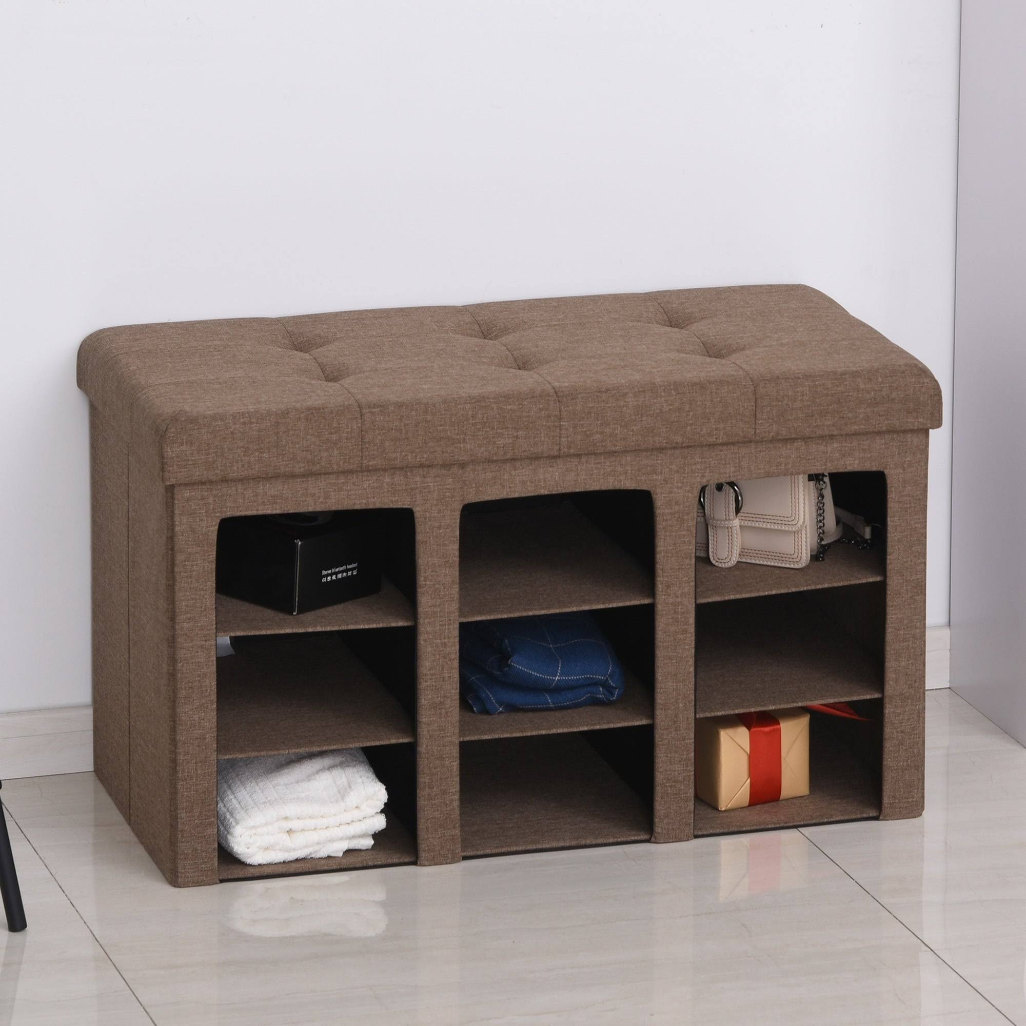 Grey Folding Storage Ottoman Bench with 9 Cubes P983714