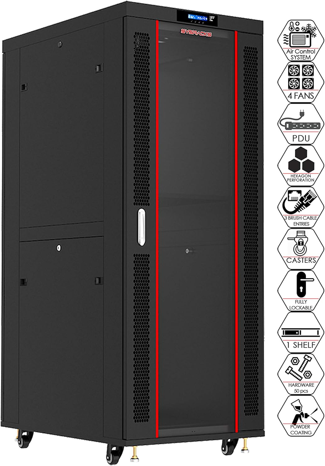42U Locking Server Rack Cabinet Enclosure on Wheels with Shelf and Cooling Fan O590