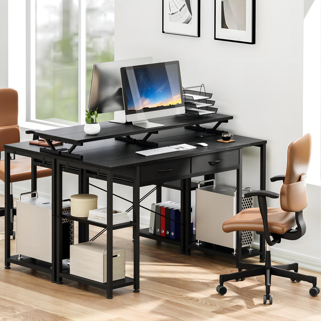 Black Computer Desk with Drawers and Bookshelf S9021