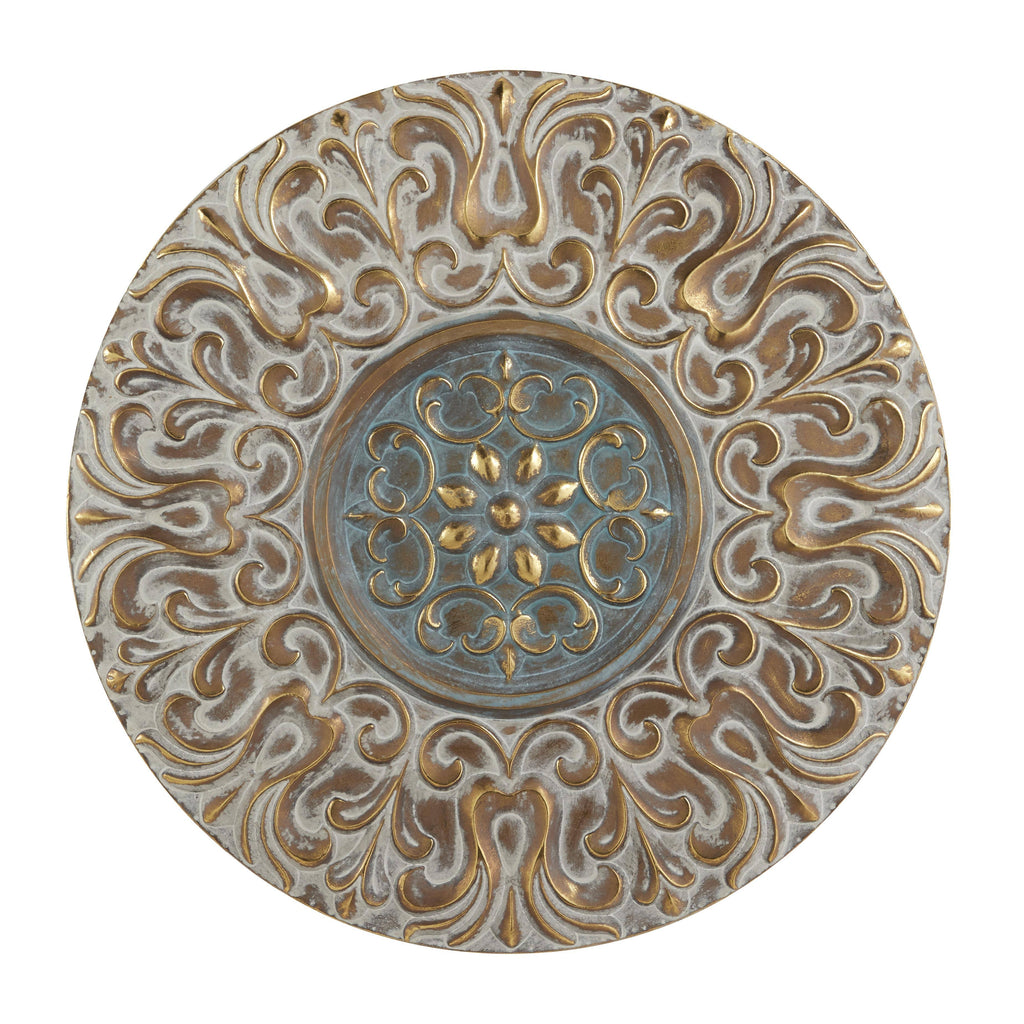 Round Antique Gold Metal Wall Decor with Light Green Textured Pattern Center X2886