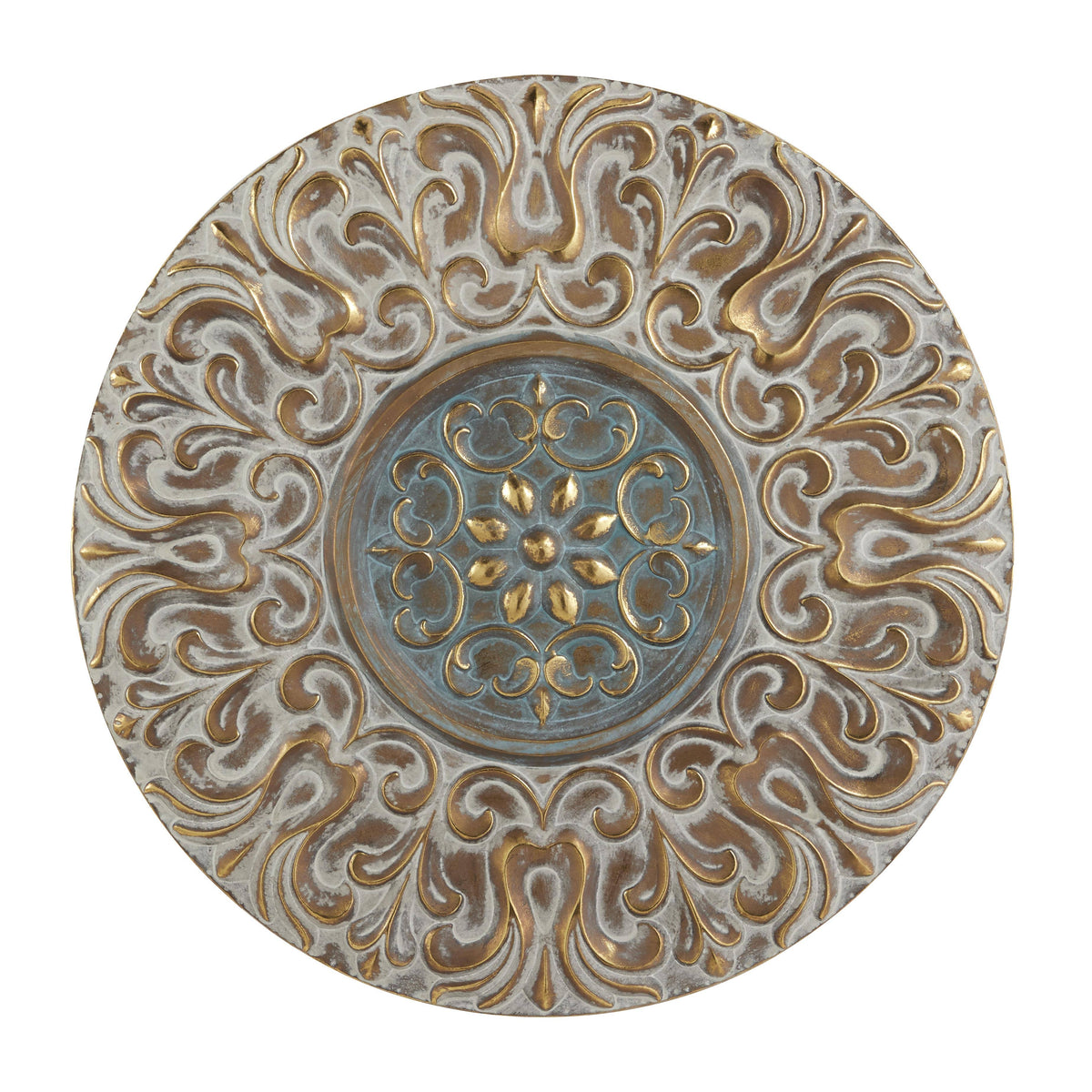 Round Antique Gold Metal Wall Decor with Light Green Textured Pattern Center X2886