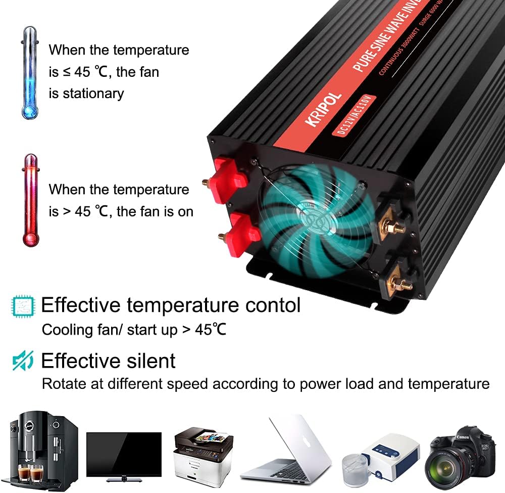 3000 Watt Pure Sine Wave Power Inverter 12V DC to 110V AC with 4 AC Outlets V687762