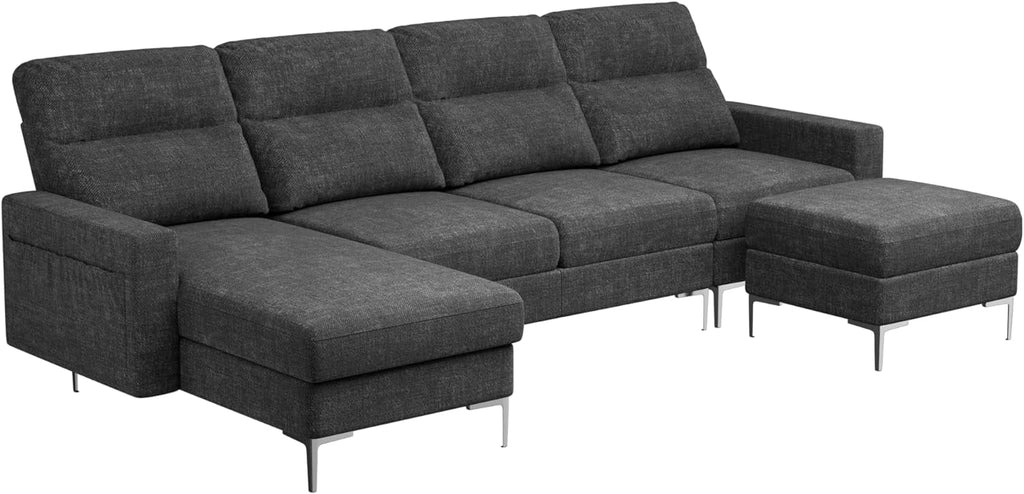 Modular U Shaped Fabric Sectional Sofa with Ottoman, 4 Seater, Metal Legs, Dark Grey M220970