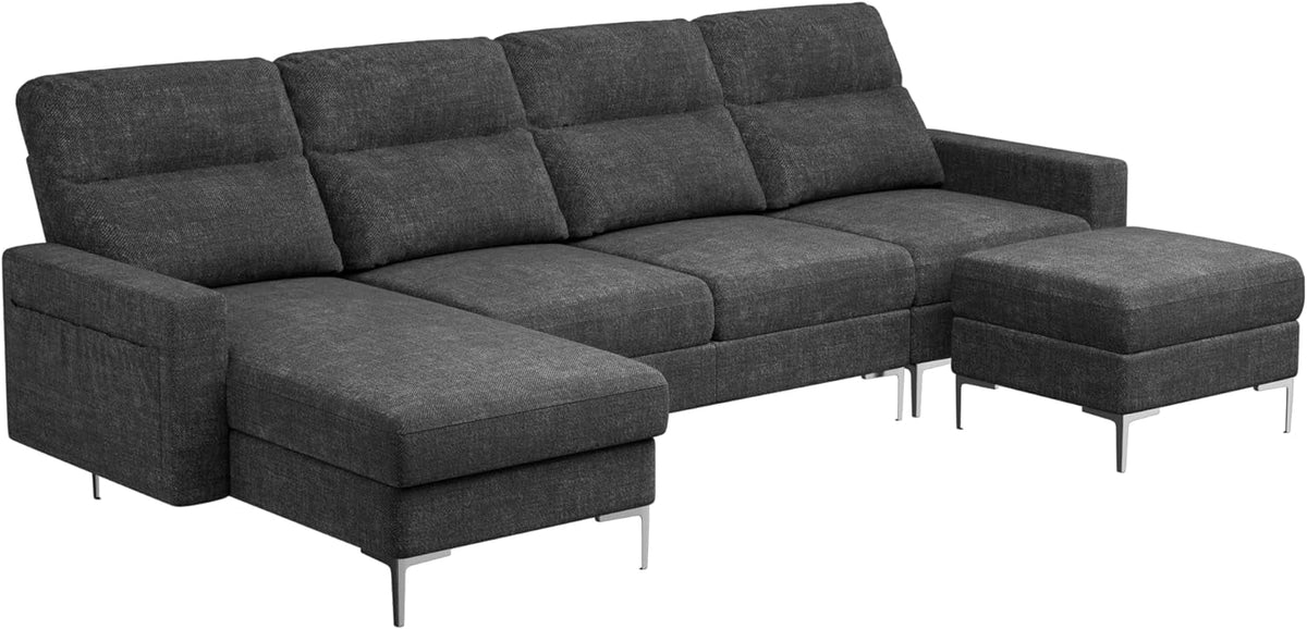 Modular U Shaped Fabric Sectional Sofa with Ottoman, 4 Seater, Metal Legs, Dark Grey M220970