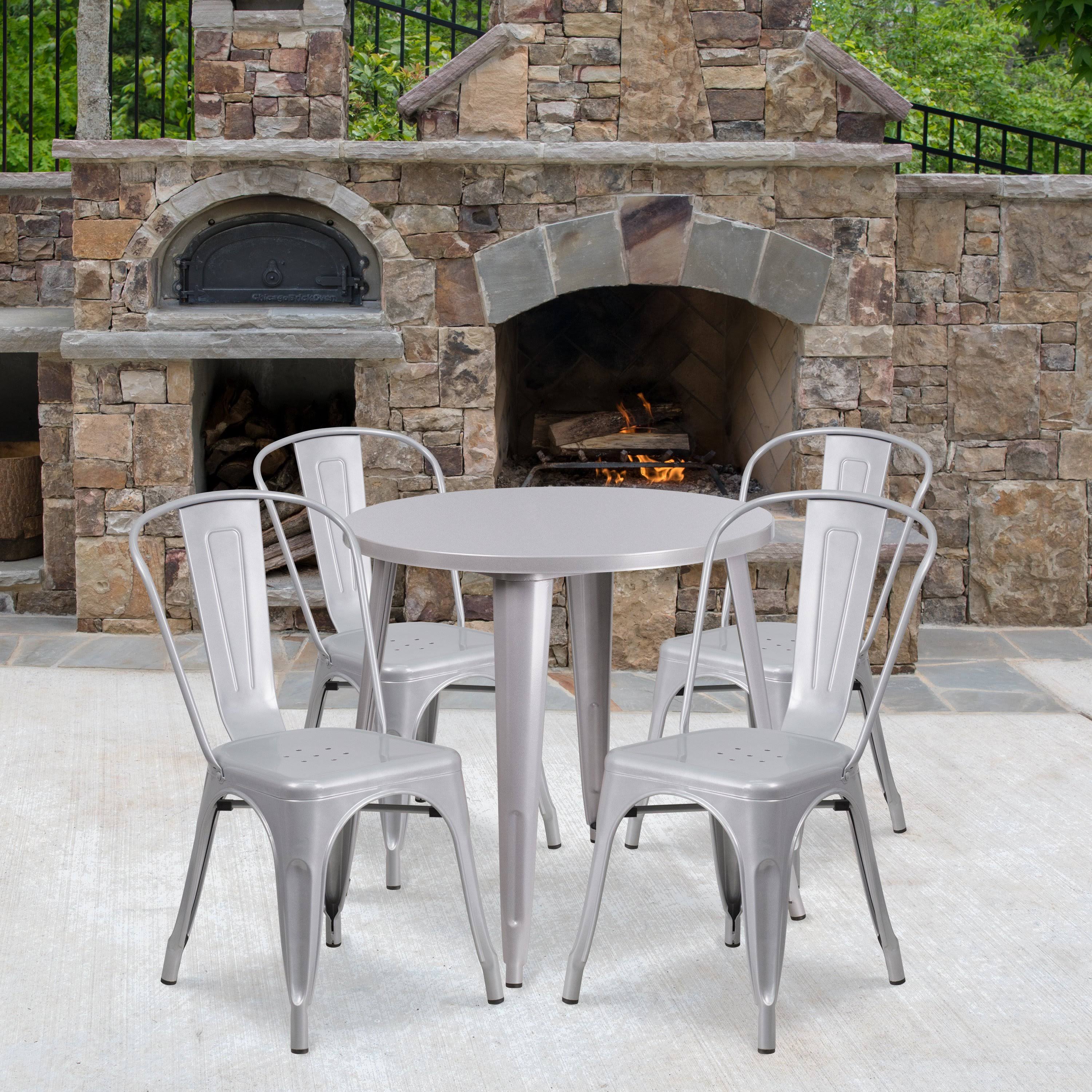Silver Round Metal Table Set with 4 Cafe Chairs Y480630