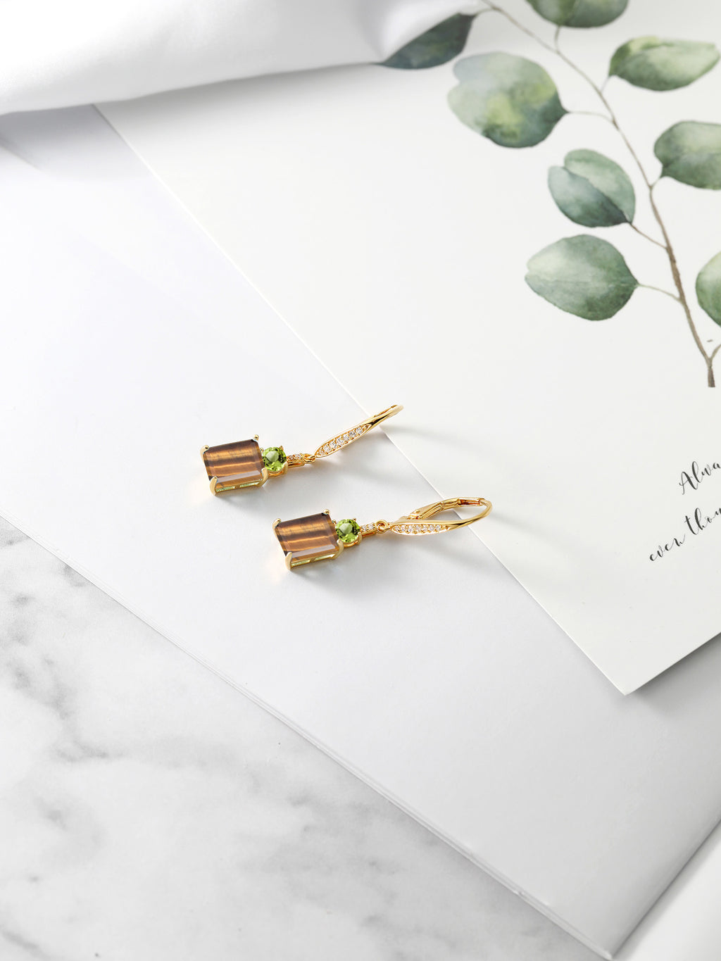 18K Yellow Gold Plated Silver Brown Tiger Eye Green Peridot White Topaz Dangle Earrings D904