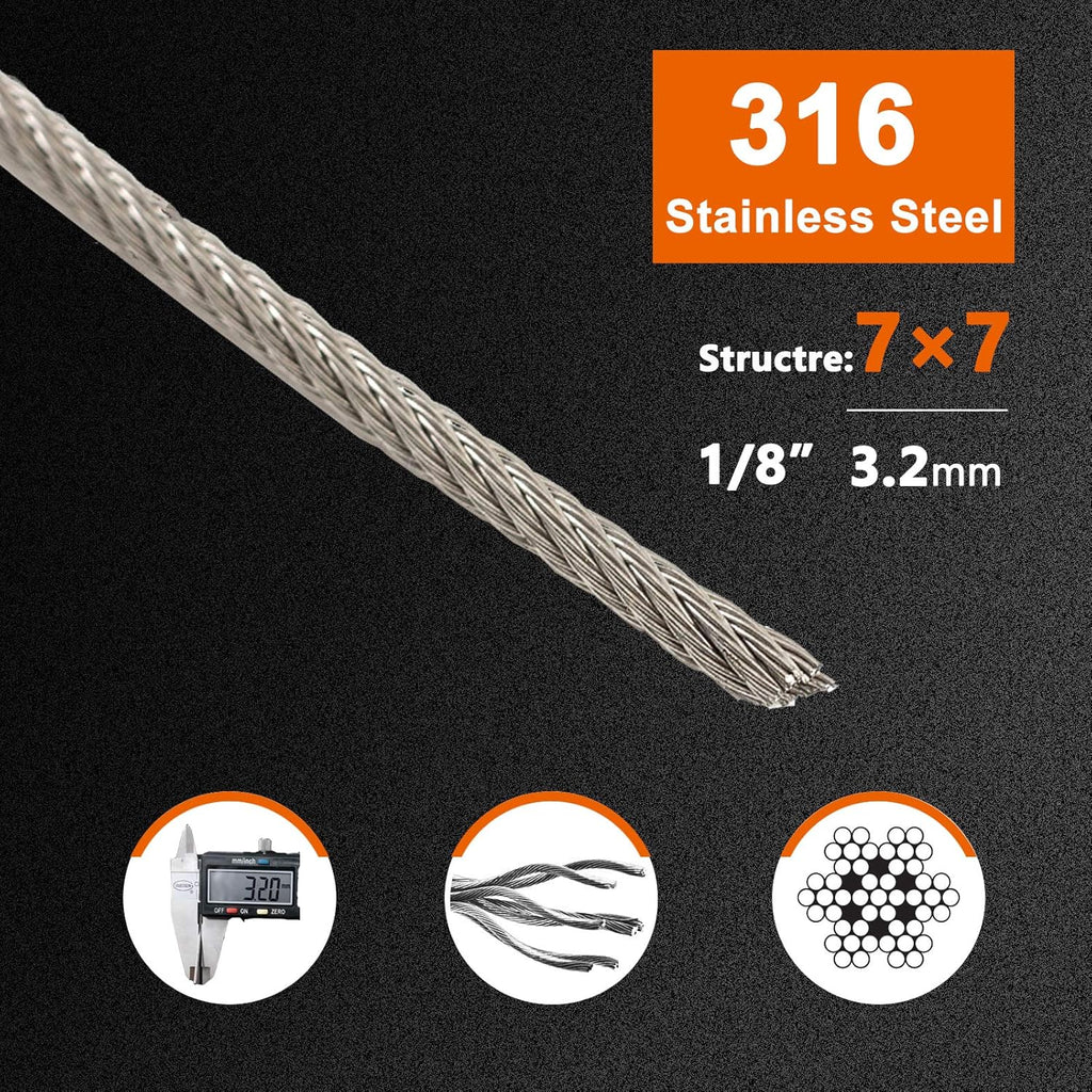 1/8 T316 Stainless Steel Cable with Cutter, 20 Pcs Protector Sleeves, 7 x 7 Strands, 450FT N10690
