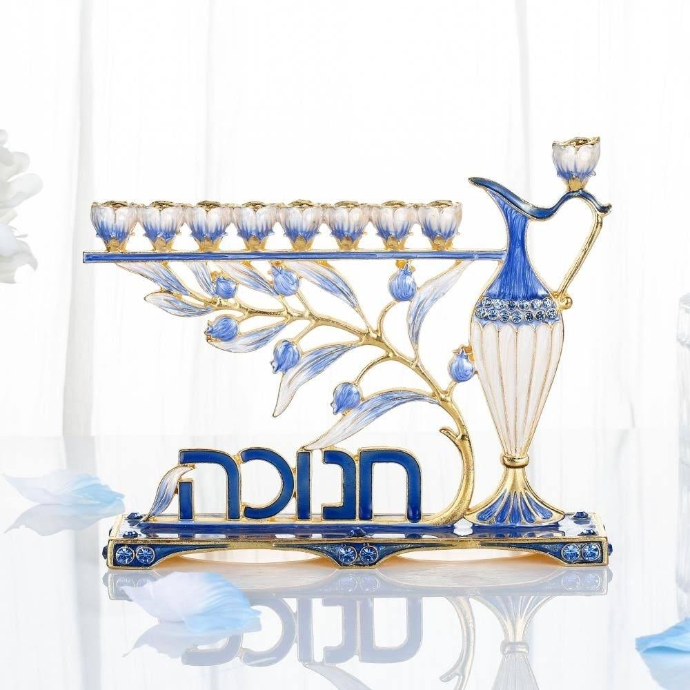 Blue Enamel Menorah Candelabra J2321