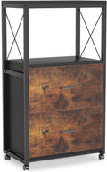 Rustic Brown 2 Drawer Rolling File Cabinet with Metal Open Storage Shelves I709