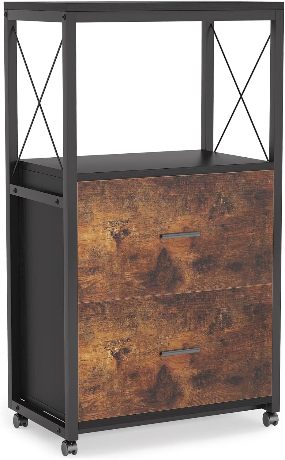 Rustic Brown 2 Drawer Rolling File Cabinet with Metal Open Storage Shelves I709