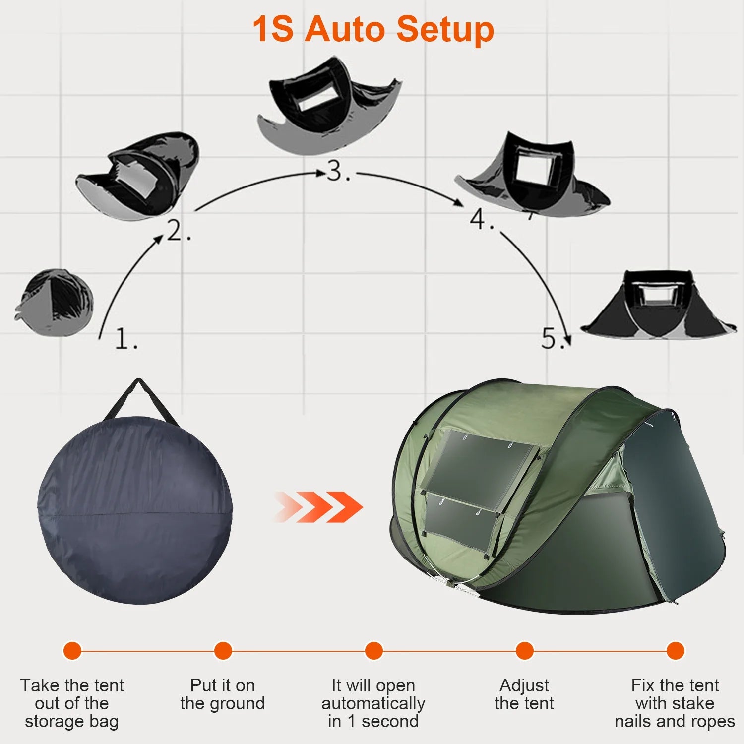 Khaki Pop Up Camping Tent with 4 Mosquito Net Windows Carrying Bag R818501