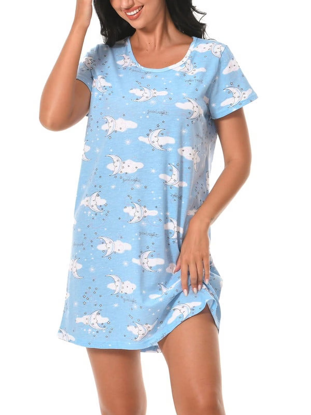 Cotton Short Sleeve Cartoon Printed Night Shirts (Blue Moon, M) B236697