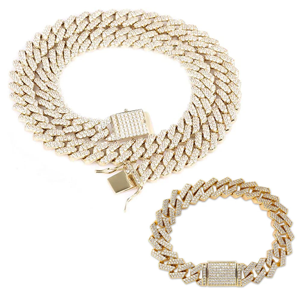 Iced Out Cuban Link Necklace and Bracelet Set, 15mm, Gold W425777
