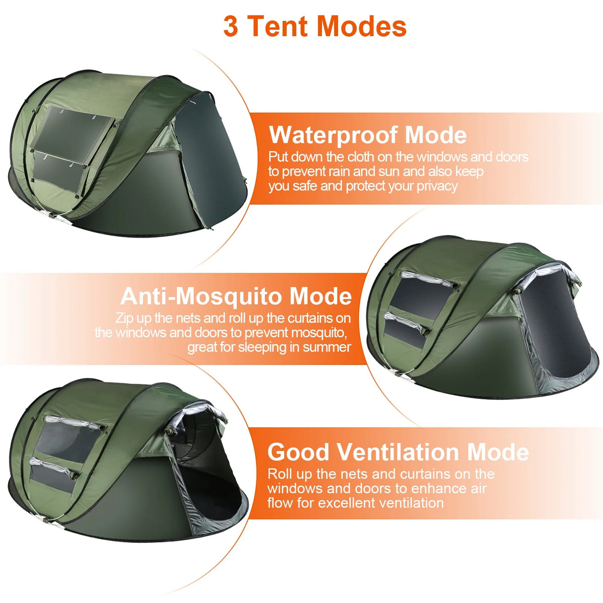 Khaki Pop Up Camping Tent with 4 Mosquito Net Windows Carrying Bag R818501