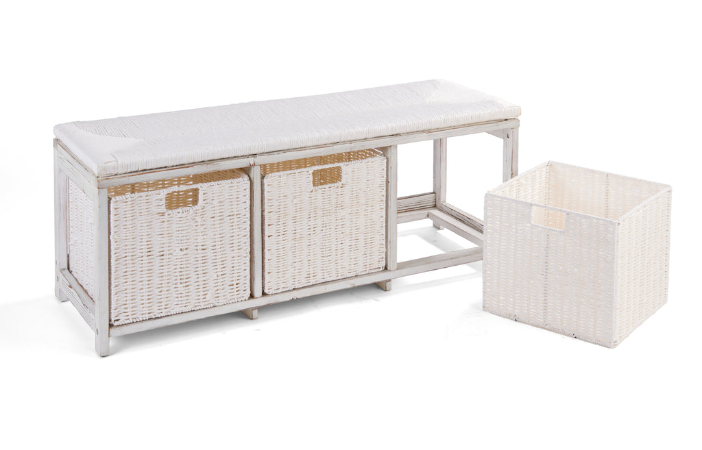 Brown Woven Top Storage Bench with Baskets M11962