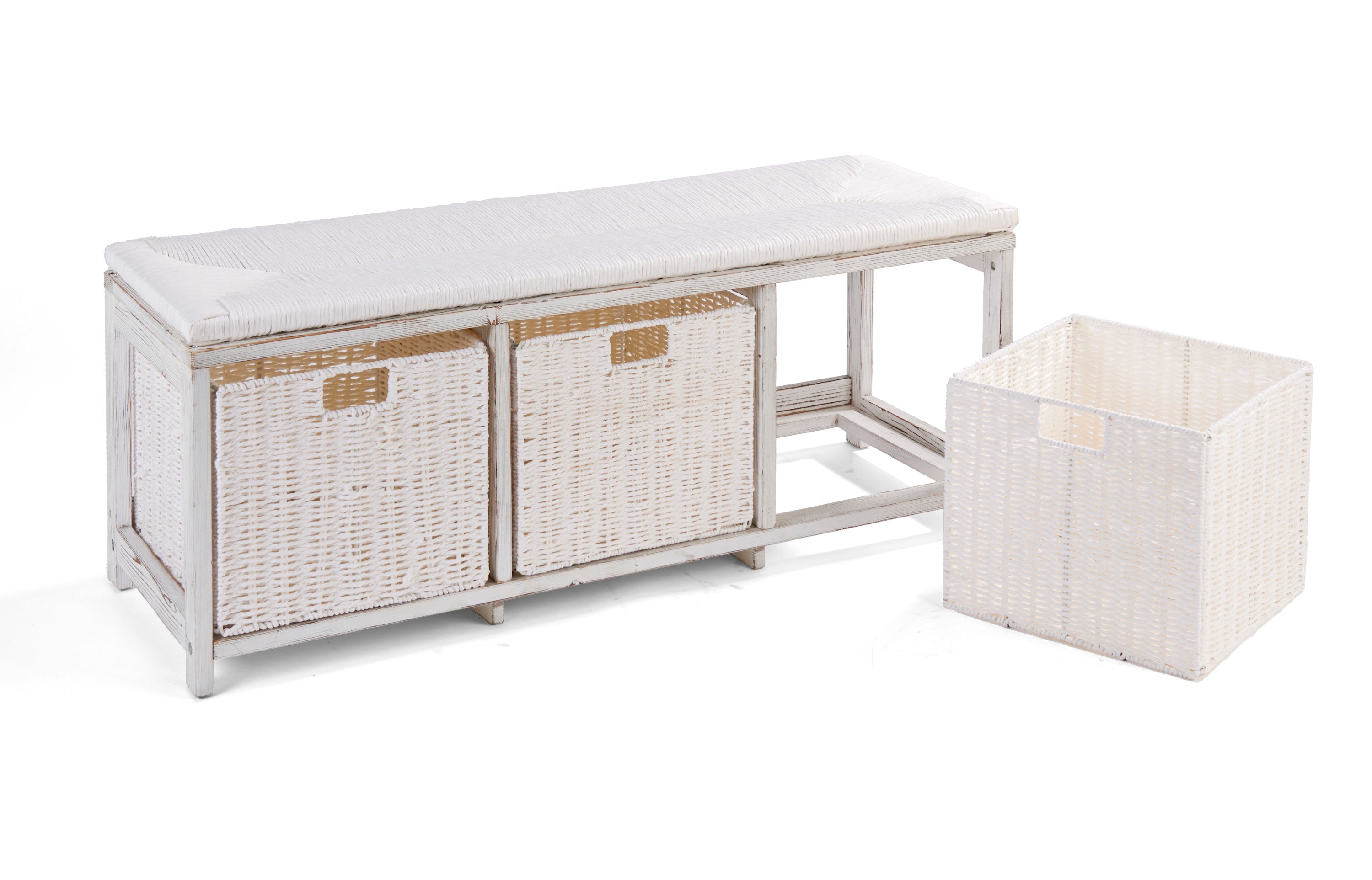 Brown Woven Top Storage Bench with Baskets M11962