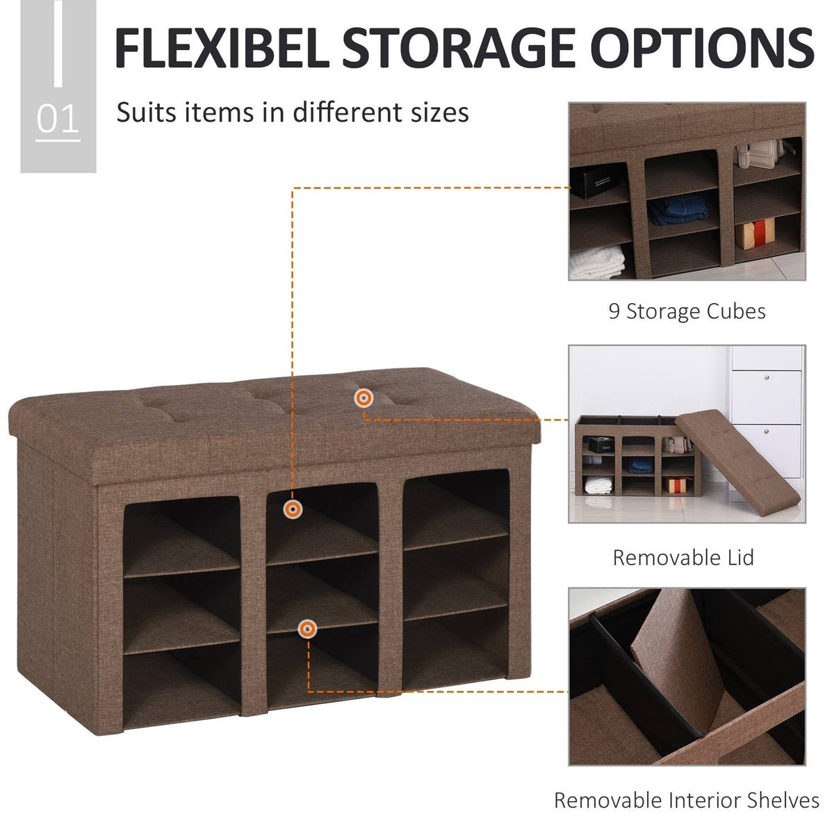 Grey Folding Storage Ottoman Bench with 9 Cubes P983714