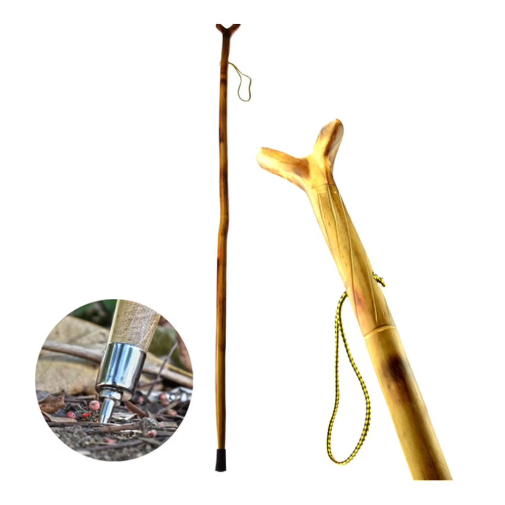 Natural Wood Walking Stick with Steel Spike and Metal-Reinforced Tip Cover, 55" D507