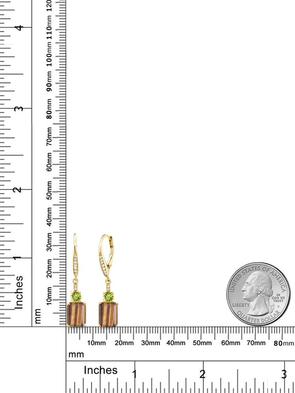 18K Yellow Gold Plated Silver Brown Tiger Eye Green Peridot White Topaz Dangle Earrings D904