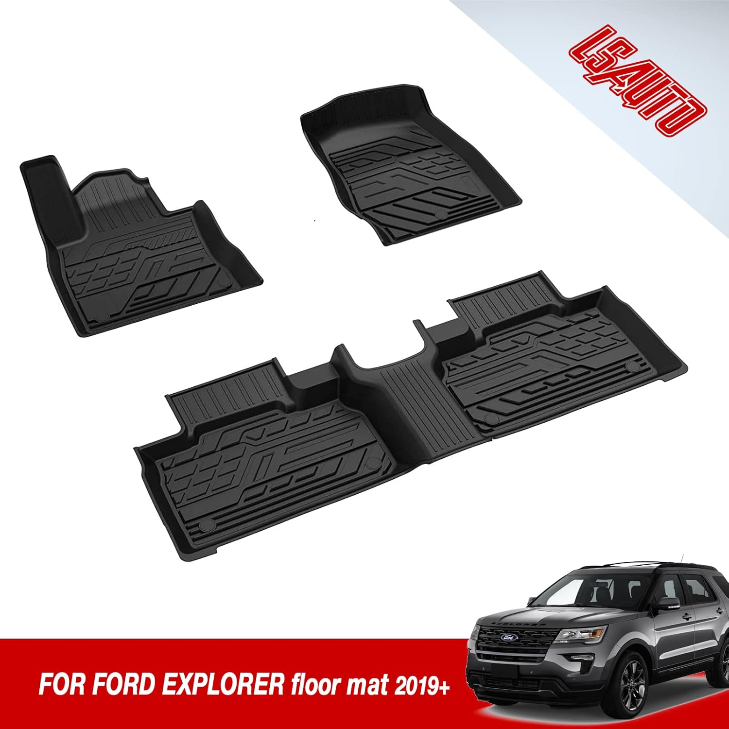 3D Design All Weather TPE Floor Liners for Ford Explorer 2019 2021, 1st and 2nd Row Black P4941