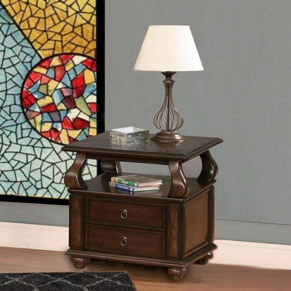 Walnut Brown Wooden End Table with Two Drawers and Open Shelf Y6495
