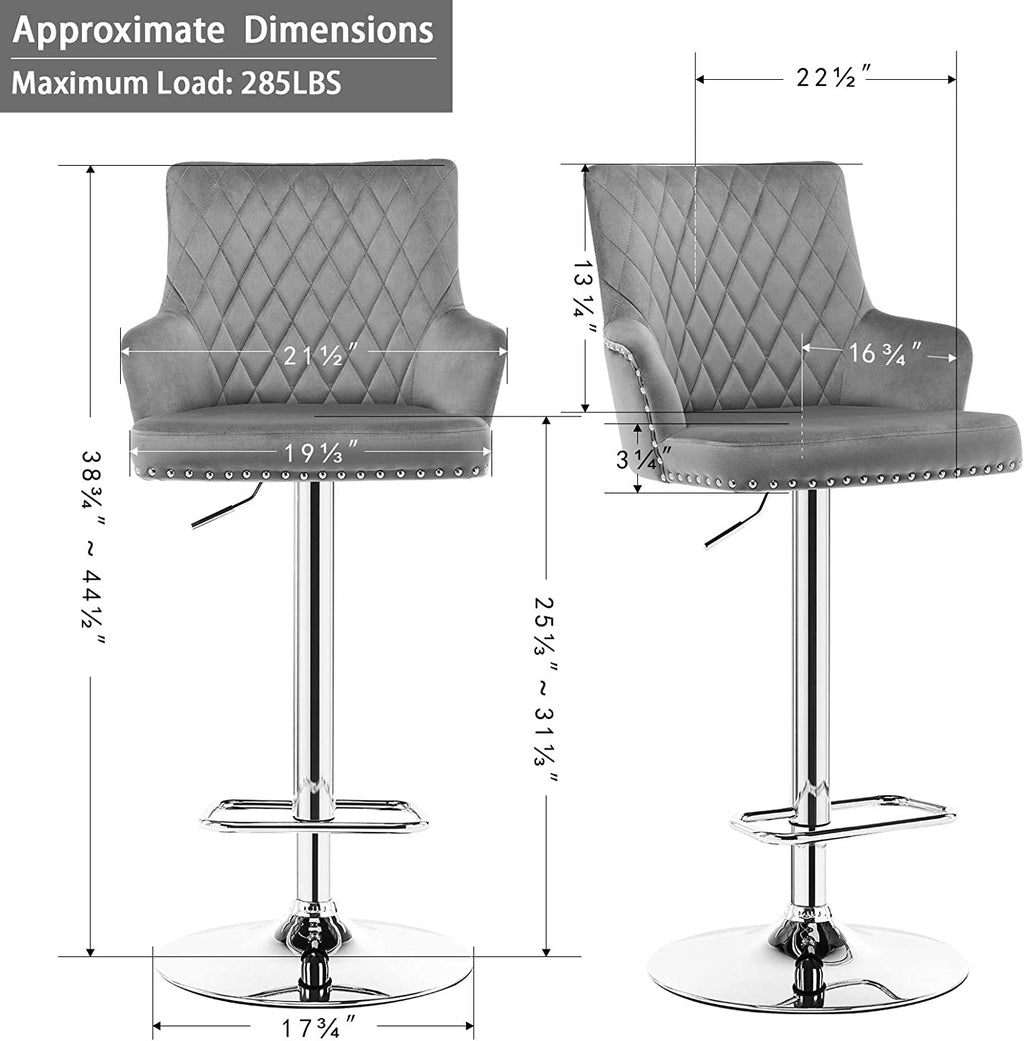 Gray Adjustable Swivel Velvet Bar Stool with Back Y4776