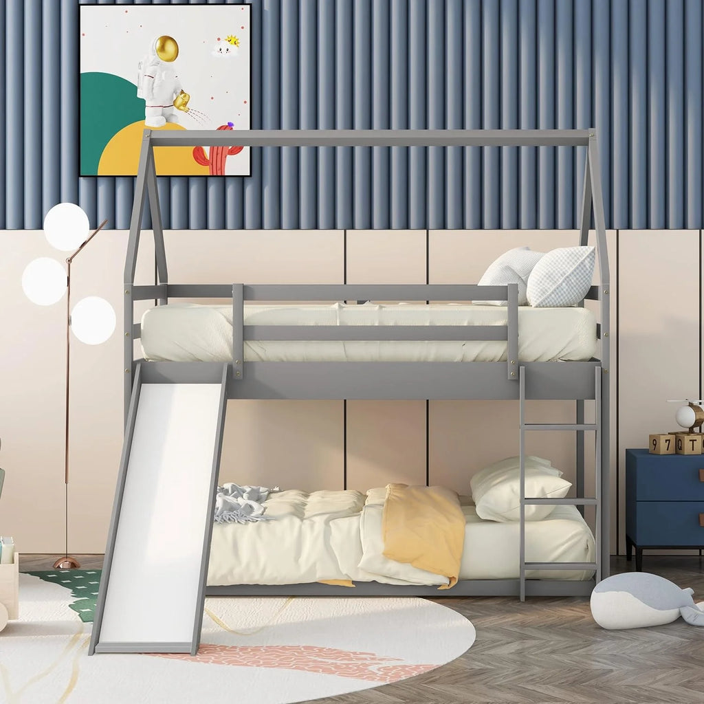 Grey Wood Bunk Bed with Slide and Ladder C9985