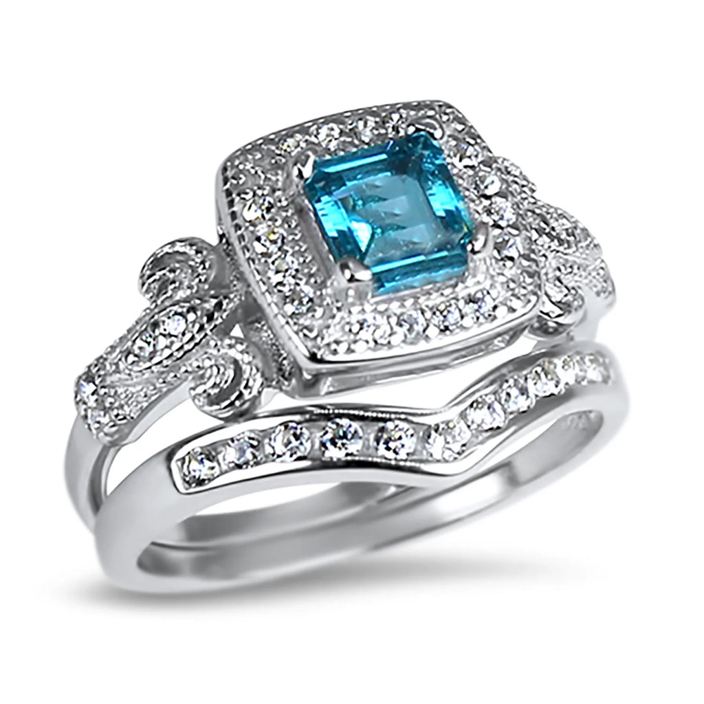 Vintage Blue Topaz Silver Wedding Engagement Ring Set D855720