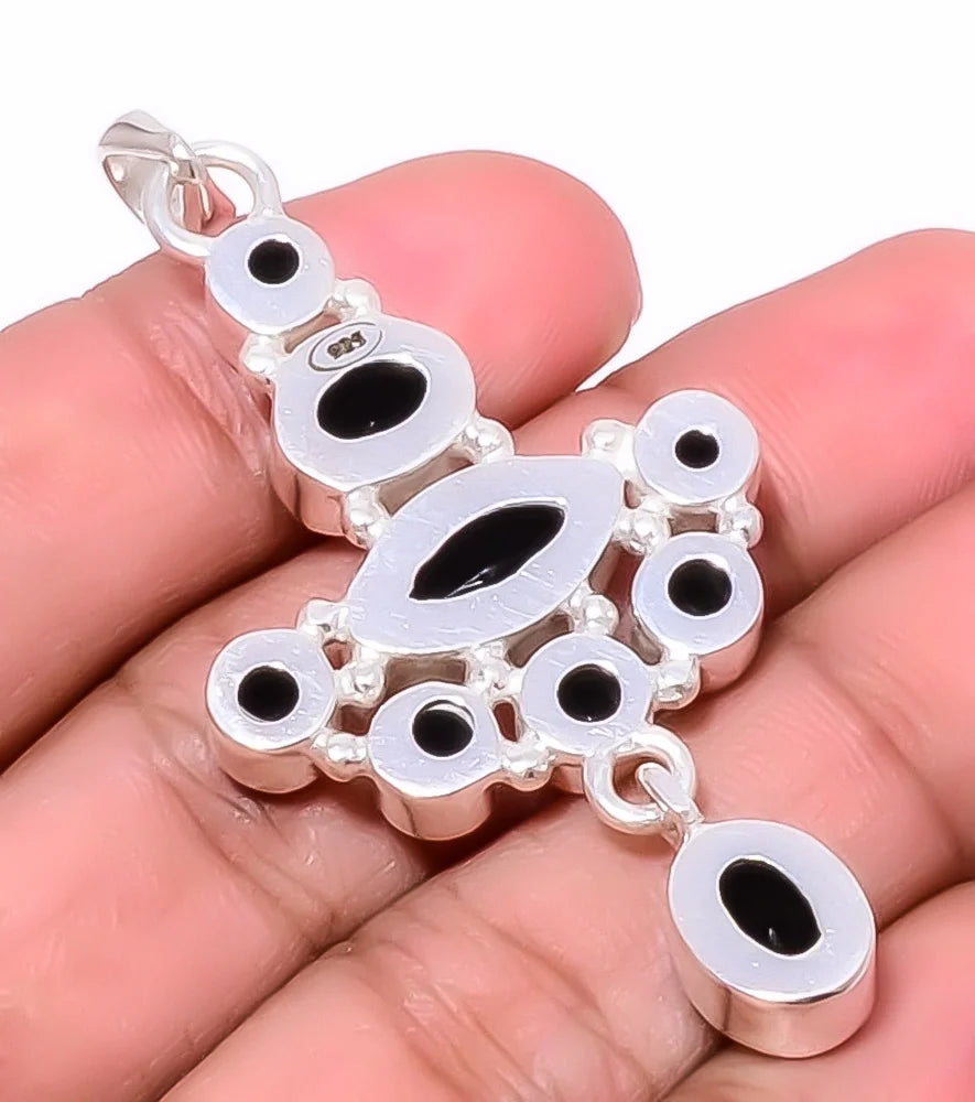 Black Onyx 925 Silver Plated Handmade Pendant 2.34" I7585