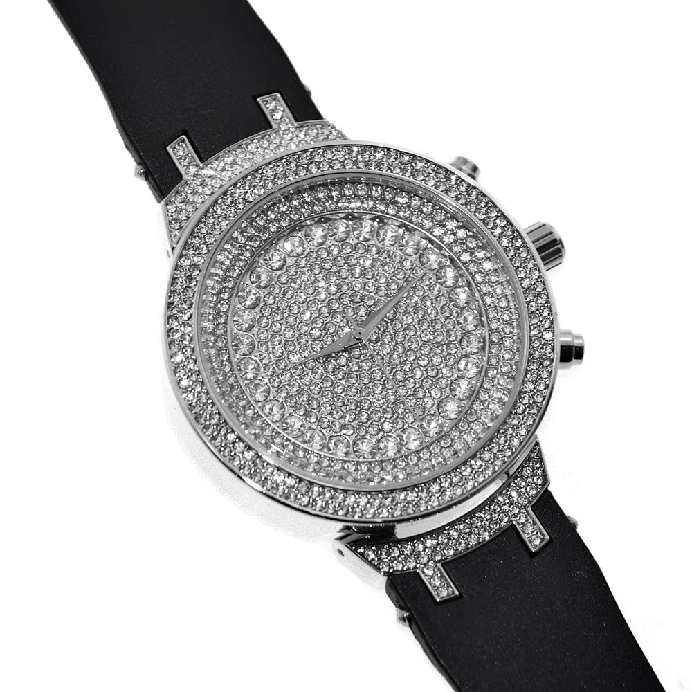 Silver Tone Hip Hop Watch with Black Band U1889