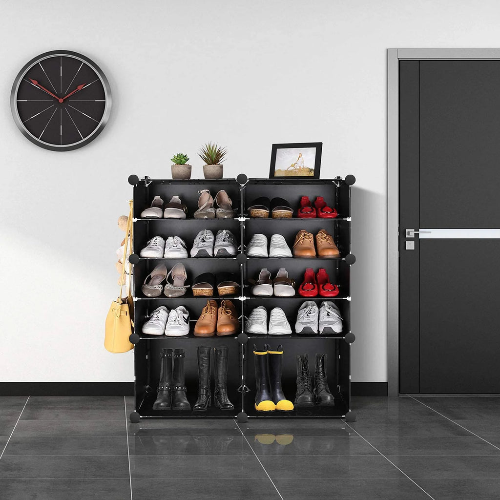 10 Cube Shoe Rack with Doors and Extra Hooks, Black and Clear K64099