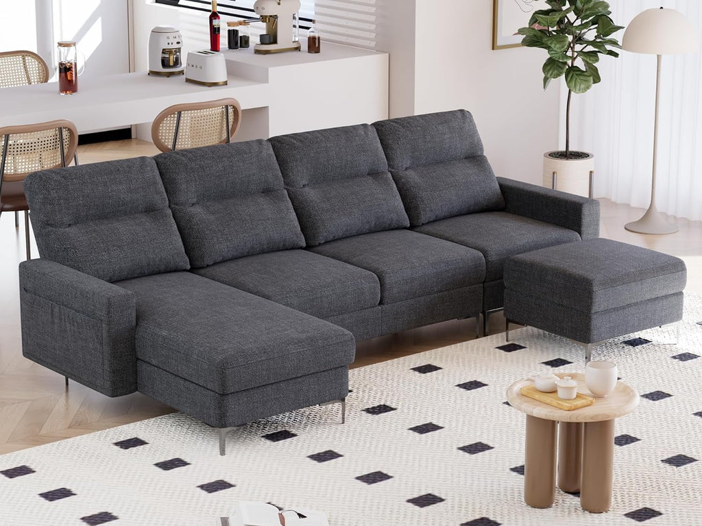 Modular U Shaped Fabric Sectional Sofa with Ottoman, 4 Seater, Metal Legs, Dark Grey M220970