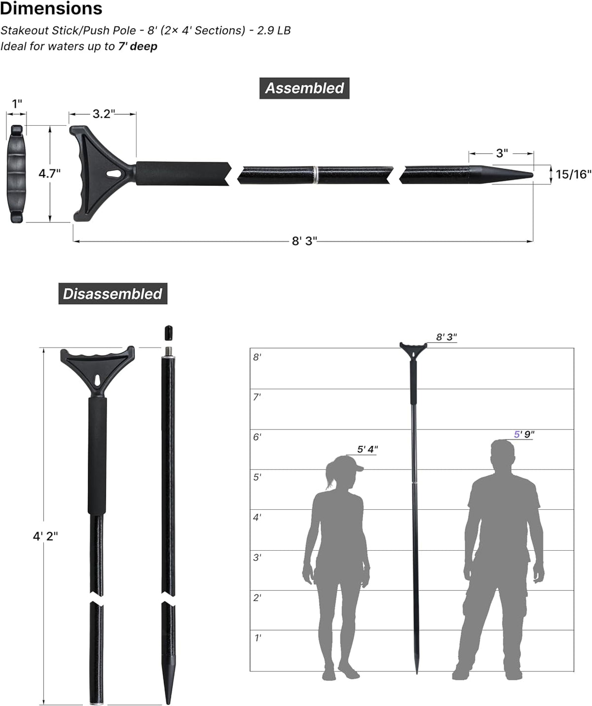 Stakeout Stick Push Pole For Boats Kayaks Fishing O6419