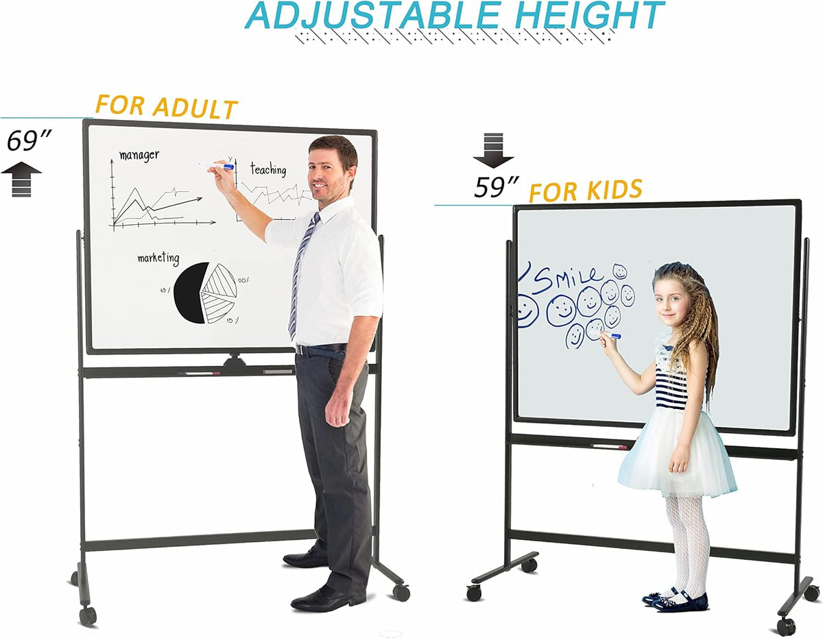 Mobile White Board Double Sided 48 x 32 Inches Adjustable Height Rolling Black Stand I562709