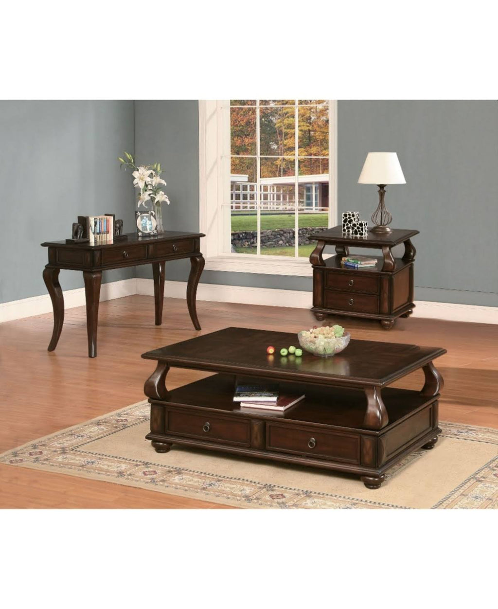 Walnut Brown Wooden End Table with Two Drawers and Open Shelf Y6495
