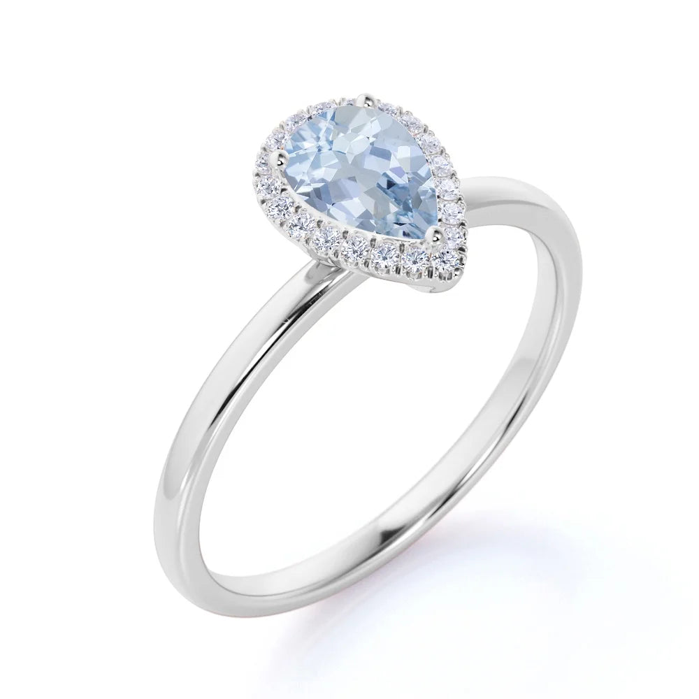 1 Carat Pear Shaped Created Aquamarine Halo Wedding Ring in 18k White Gold over Silver H6386