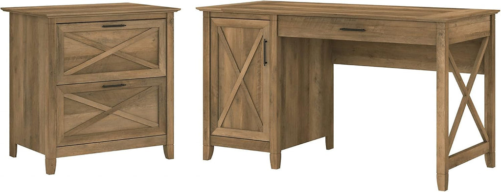 54W Linen White Oak Computer Desk with Storage and 2 Drawer Lateral File Cabinet L1371