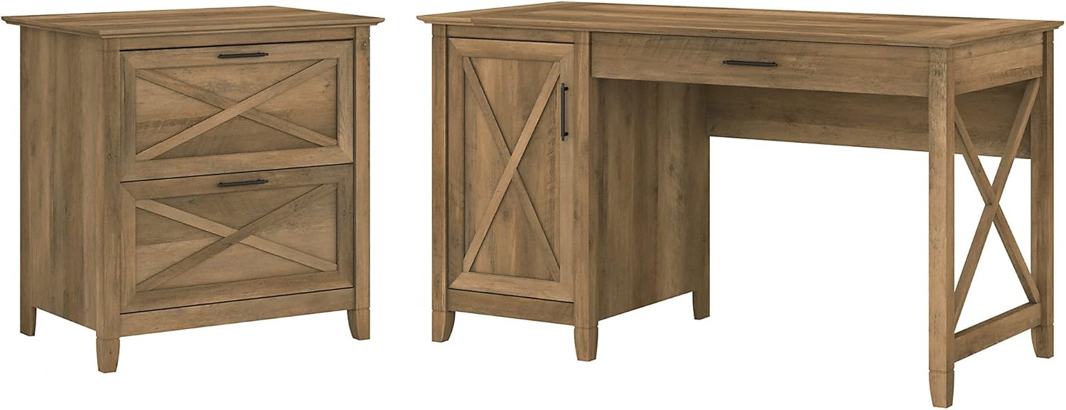 54W Linen White Oak Computer Desk with Storage and 2 Drawer Lateral File Cabinet L1371