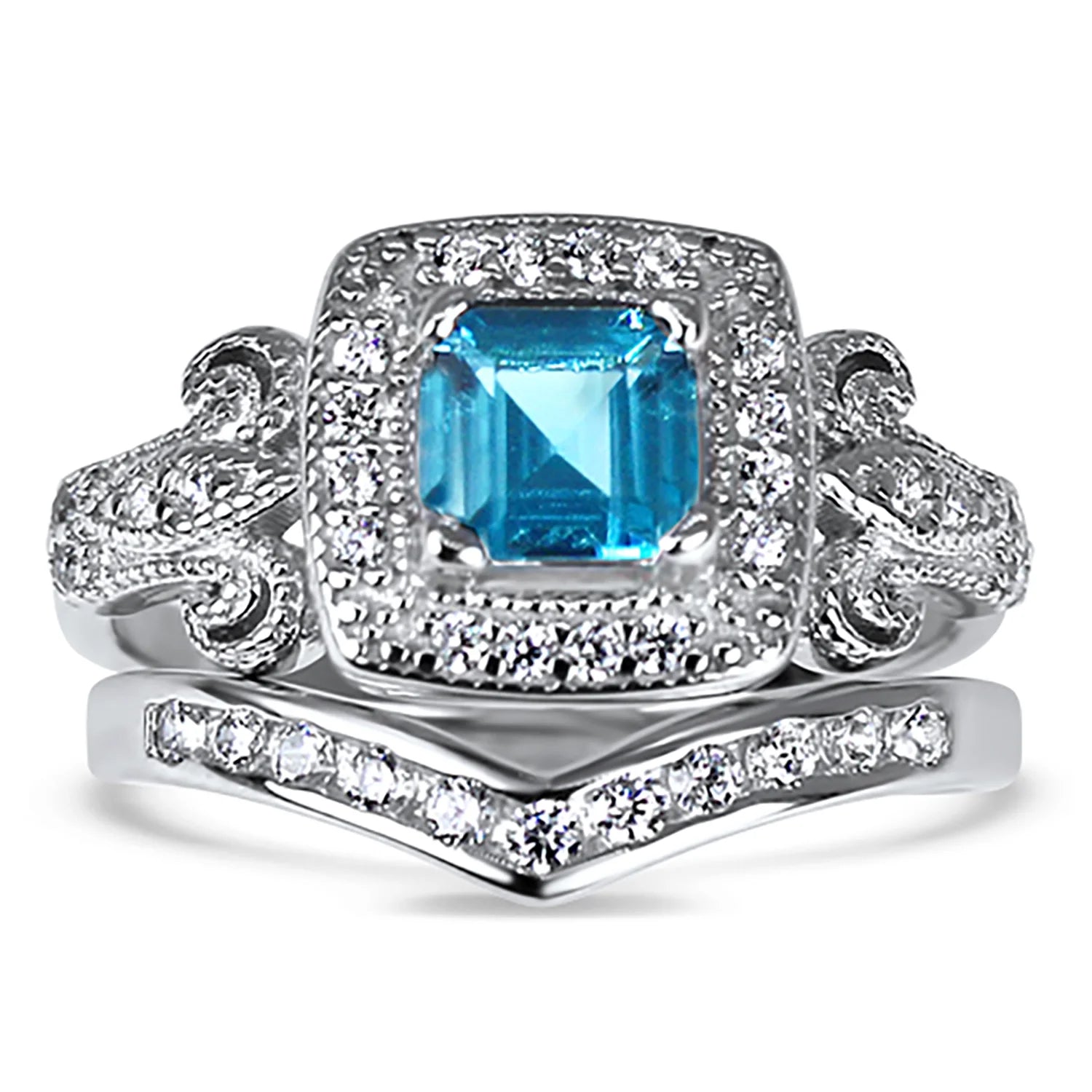Vintage Blue Topaz Silver Wedding Engagement Ring Set D855720