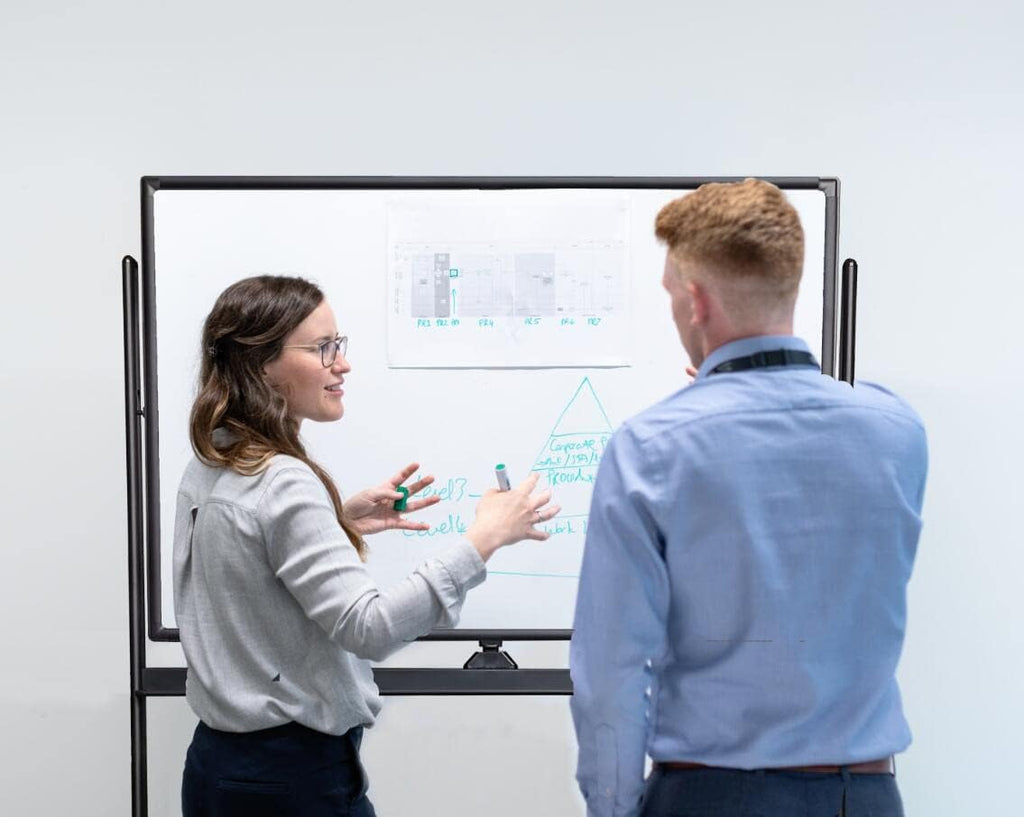 Mobile White Board Double Sided 48 x 32 Inches Adjustable Height Rolling Black Stand I562709