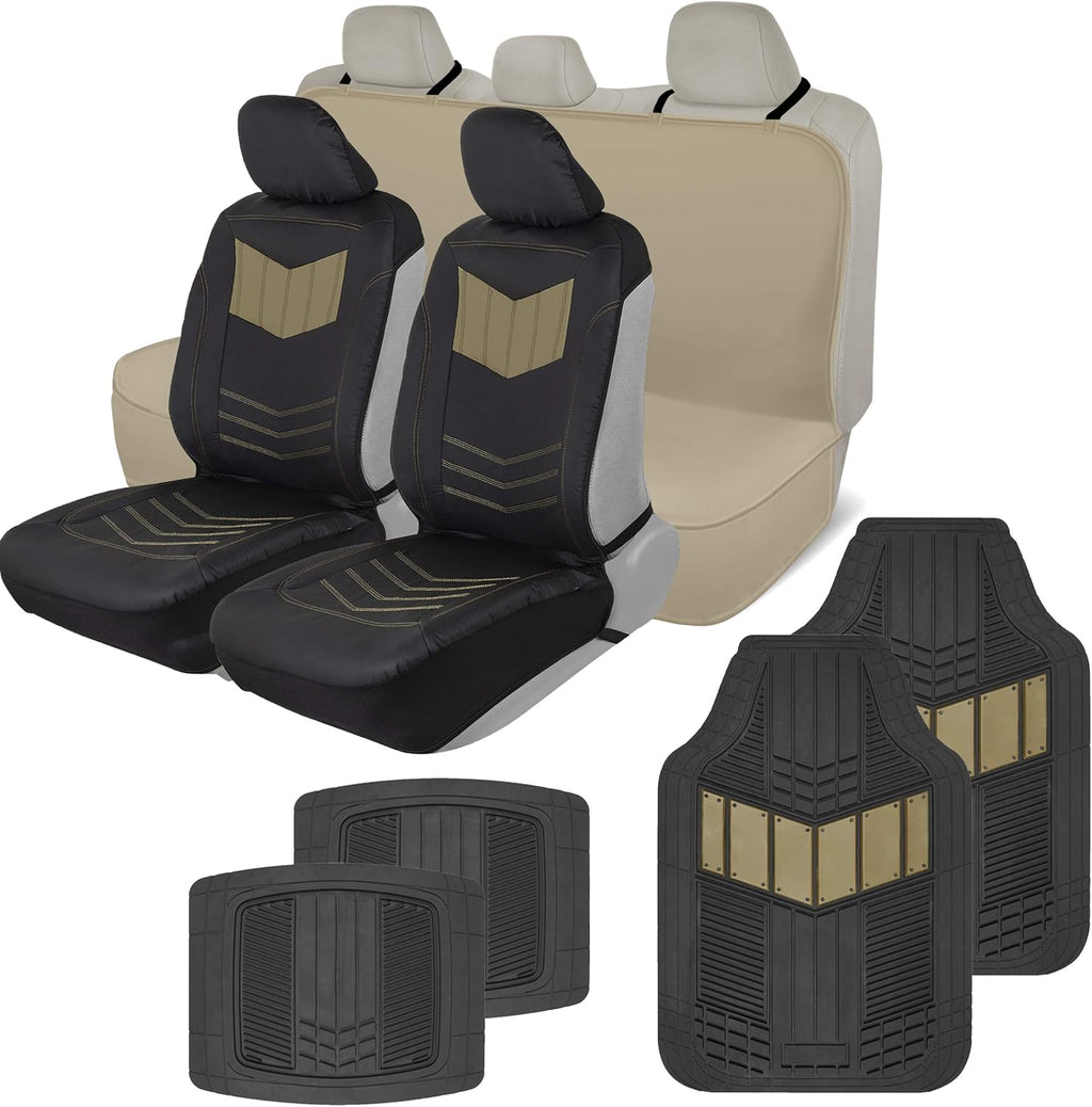 Beige Vegan Leather Bench Seat Cover & Floor Mat Car Full Set Combo G757