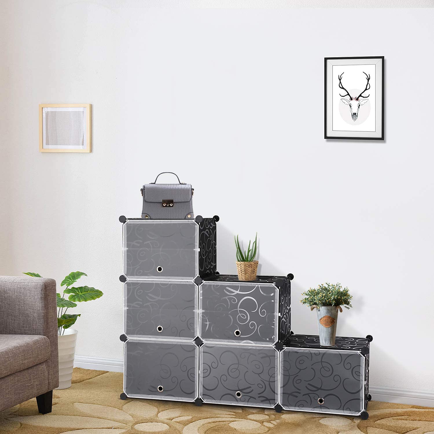10 Cube Shoe Rack with Doors and Extra Hooks, Black and Clear K64099
