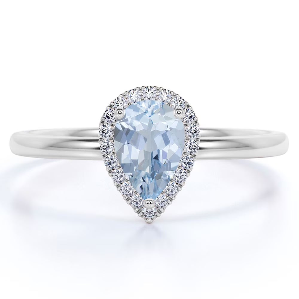 1 Carat Pear Shaped Created Aquamarine Halo Wedding Ring in 18k White Gold over Silver H6386
