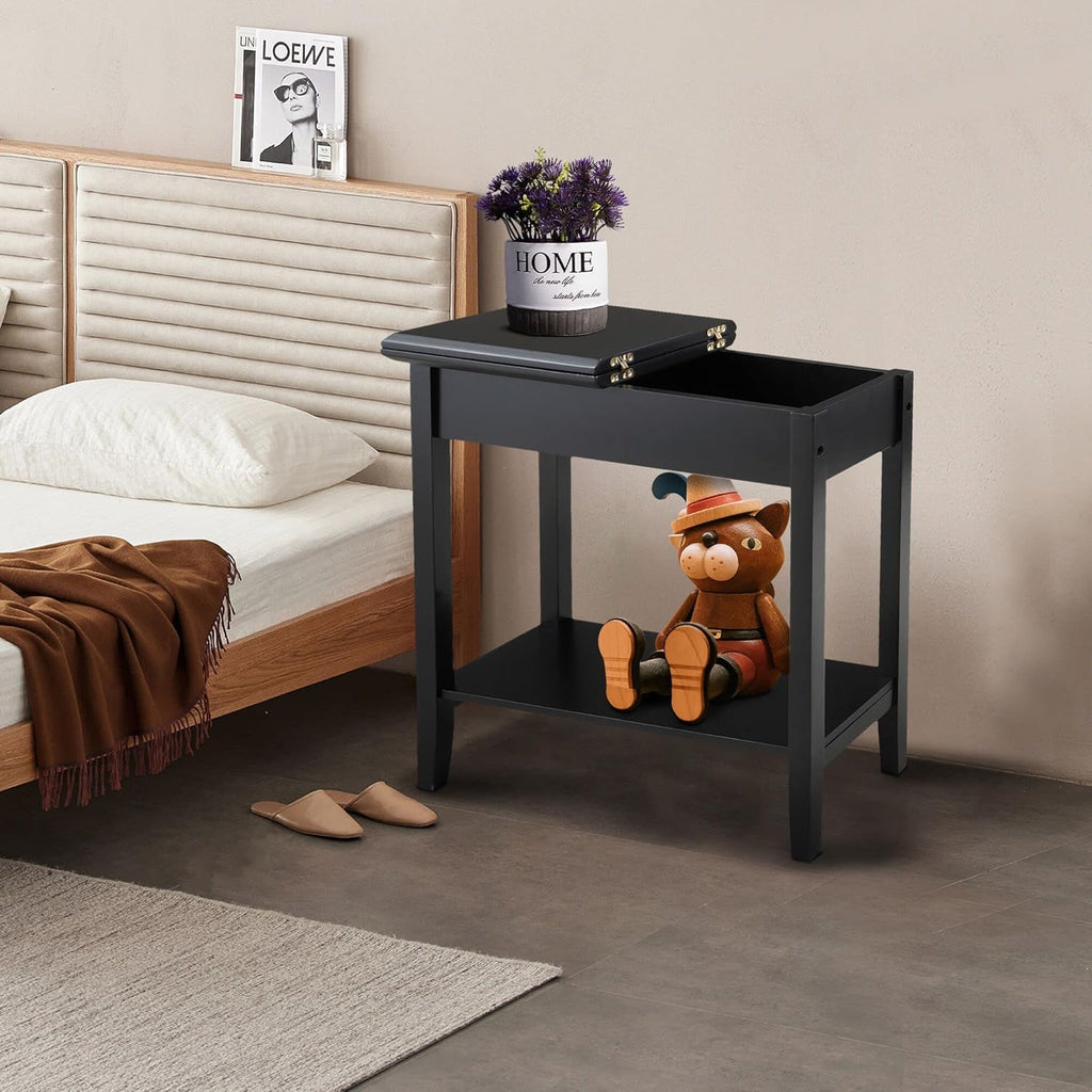 Flip Top End Table Wooden Sofa Side Table with Storage and Shelf O965866