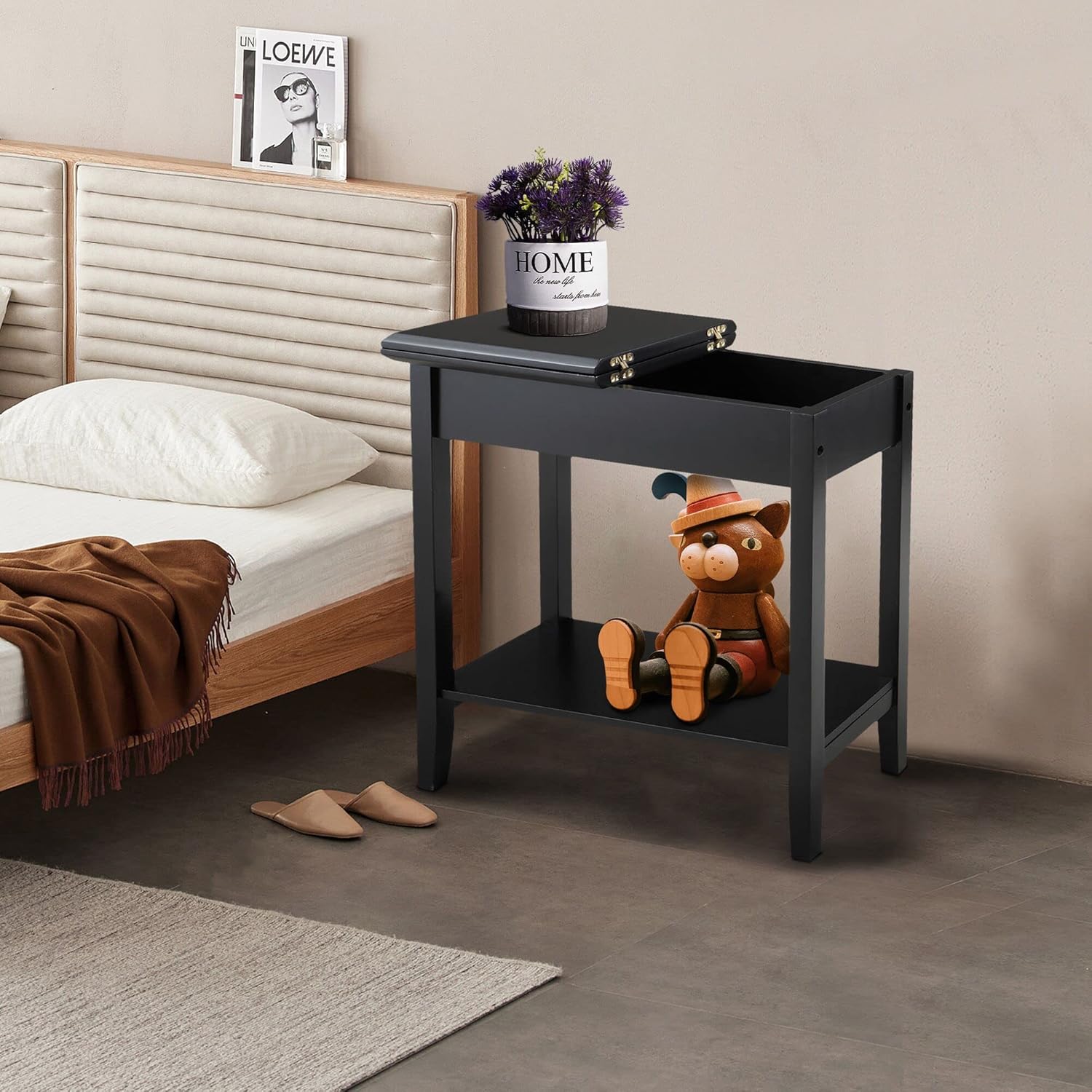 Flip Top End Table Wooden Sofa Side Table with Storage and Shelf O965866