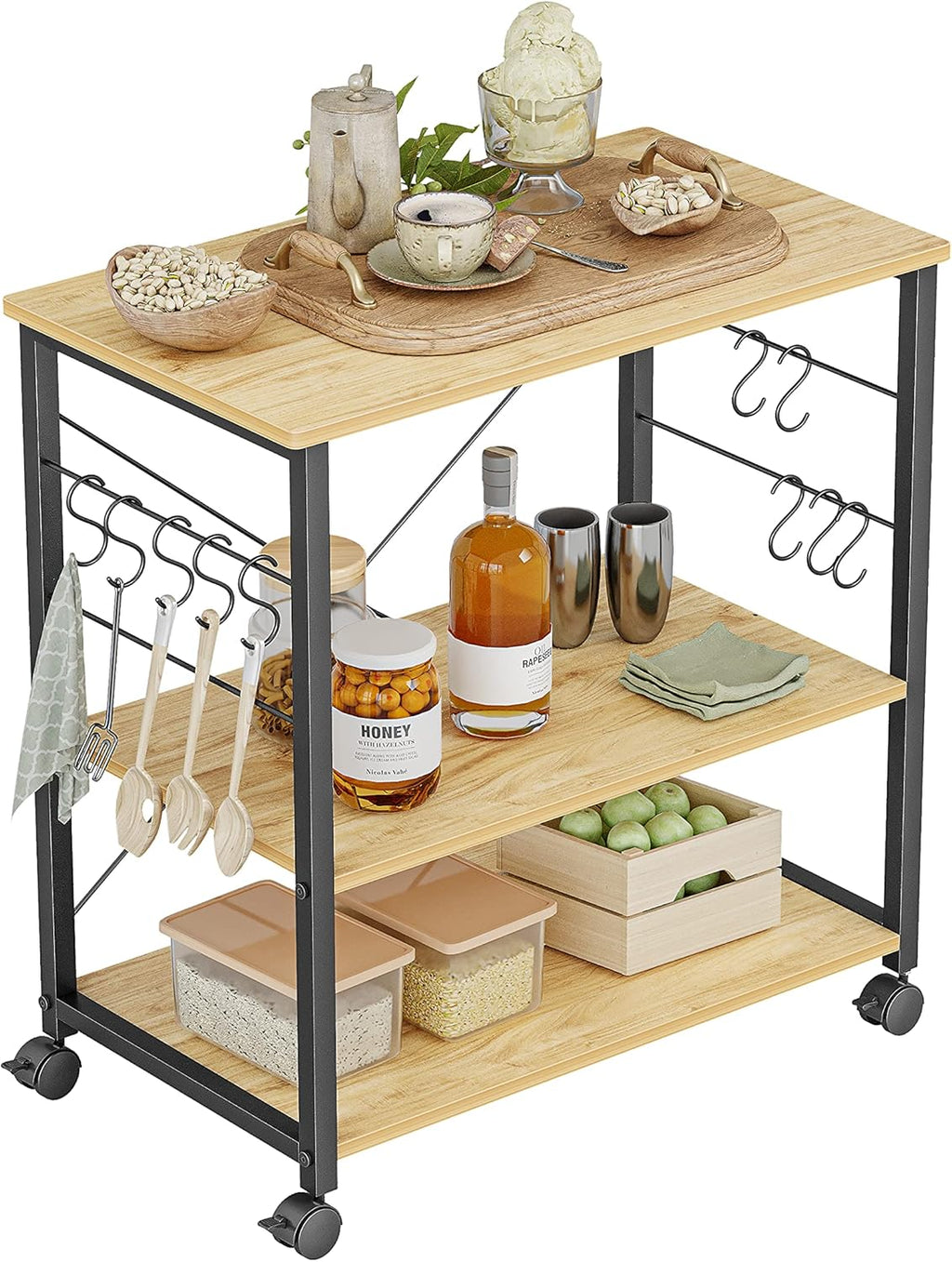 Black 3 Tier Metal Kitchen Cart with Wheels L128